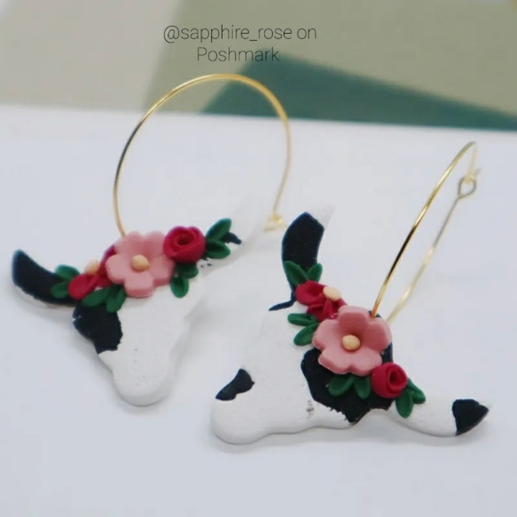 Boho Floral Cow Skull Handmade Polymer Clay Earrings Womens Western Jewelry NEW - Picture 5 of 6